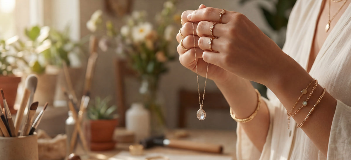 Hands holding a diamond pendant necklace, with fine gold rings and bracelets