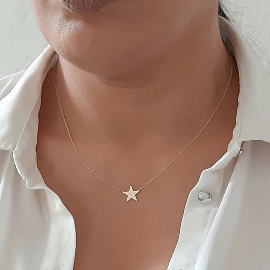 14K Yellow Gold star necklace , Solid gold chain