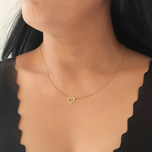 14K Solid gold Heart Necklace , Chain Choker Necklace