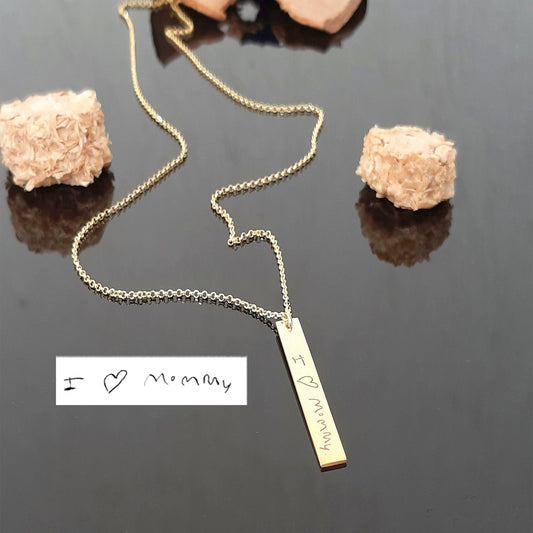 Solid gold Custom Handwriting bar Necklace , Handwriting Jewelry