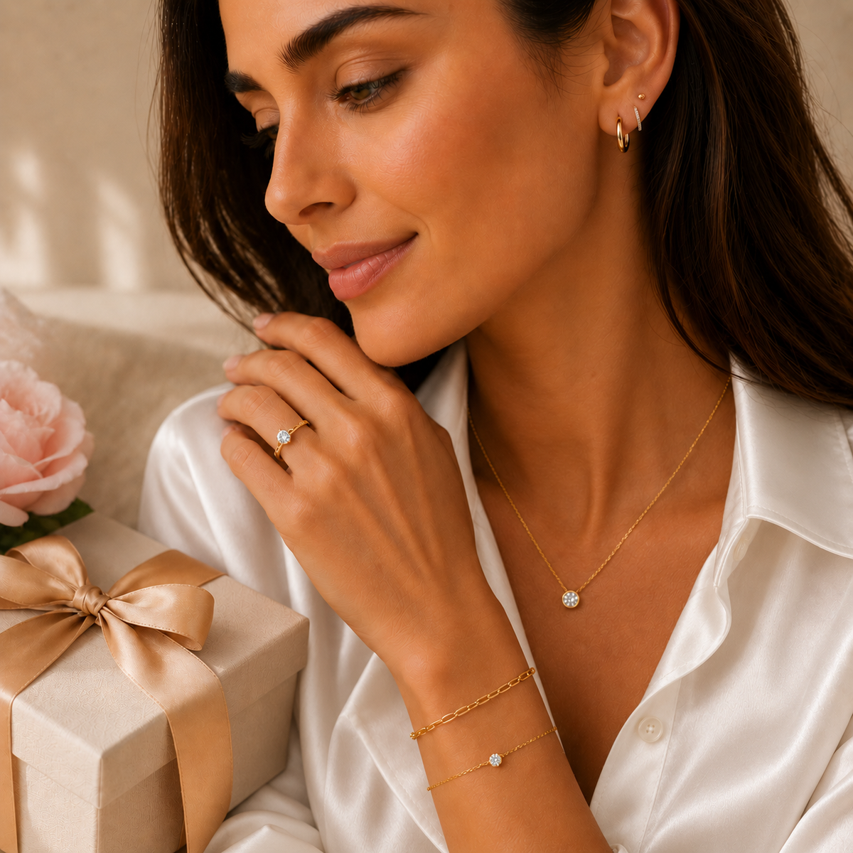 Fine jewelry gifts for her modeled with a white satin shirt