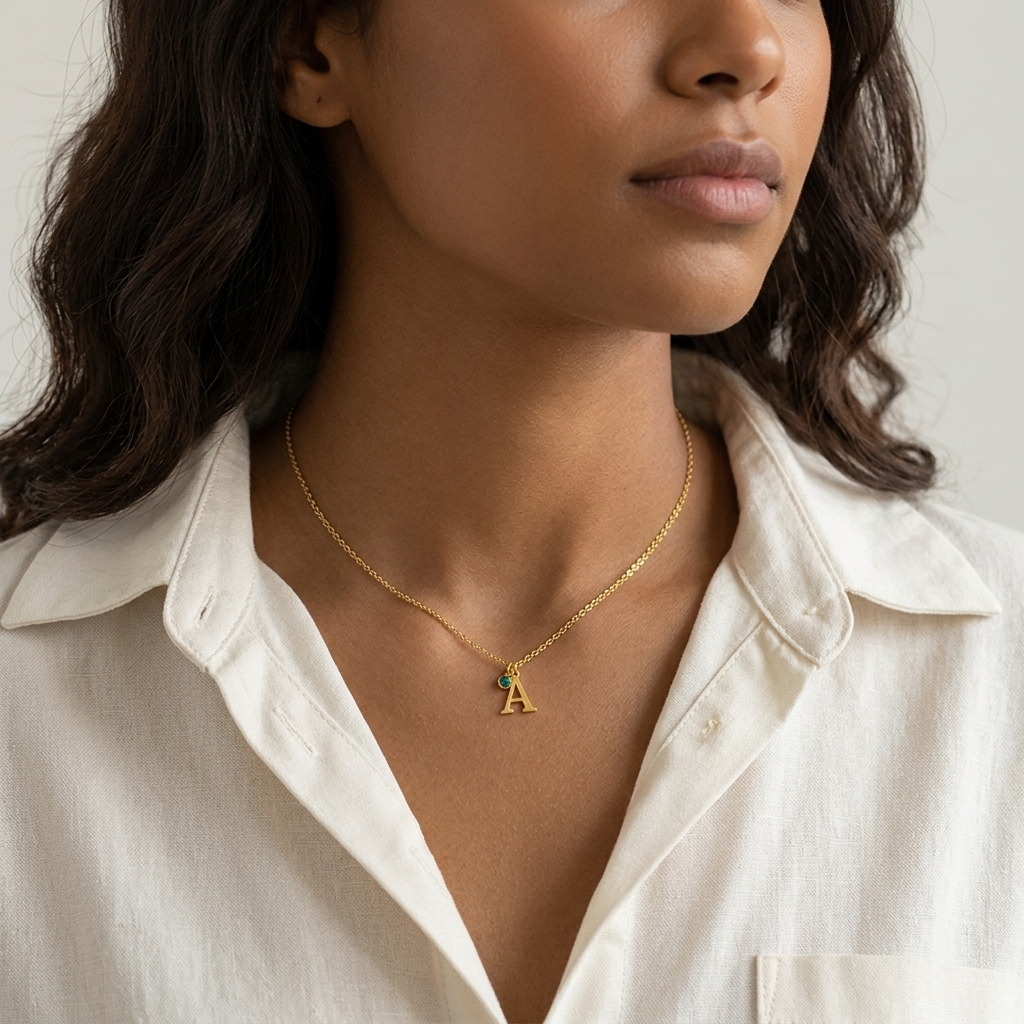 14K yellow gold initial A necklace with a small green birthstone charm