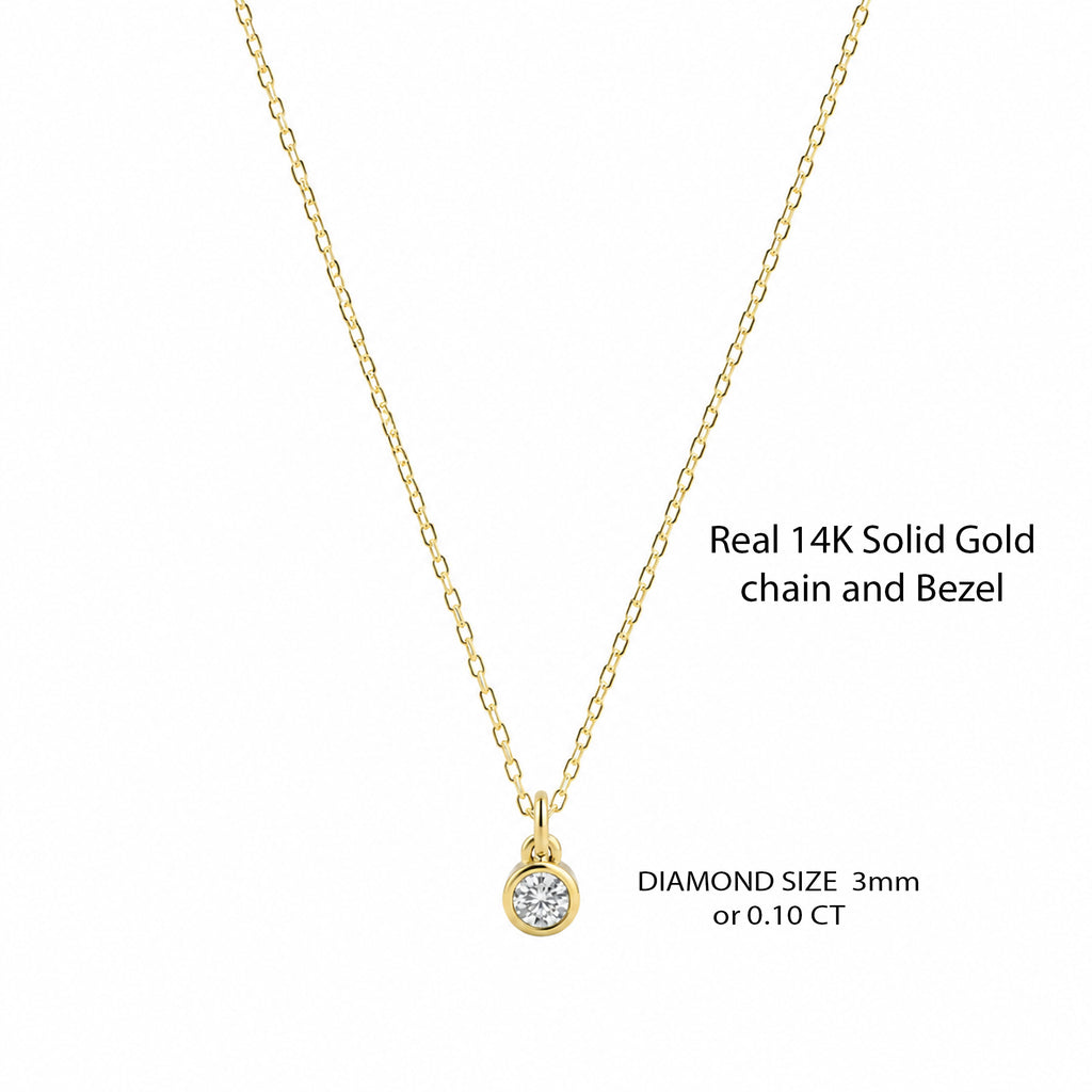 14K Solid Gold 0.10 CT Diamond Solitaire Bezel Necklace