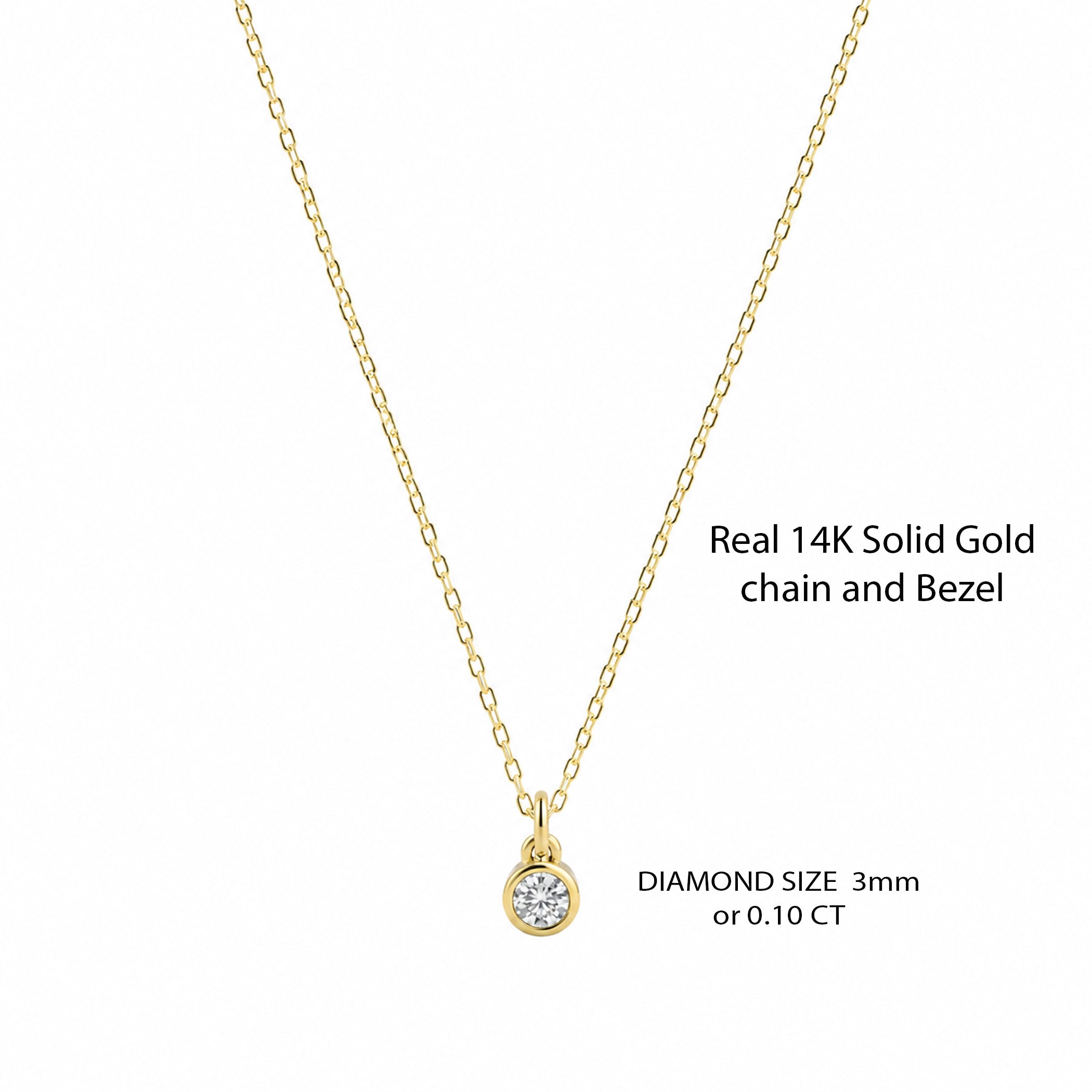 14K Solid Gold 0.10 CT Diamond Solitaire Bezel Necklace