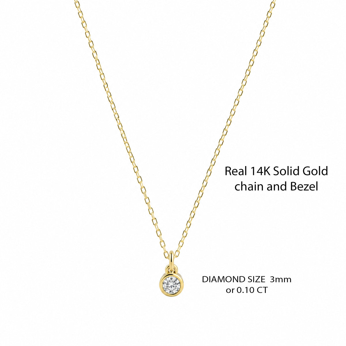 14K solid gold 0.10 ct diamond bezel pendant necklace with pendant size and measurements