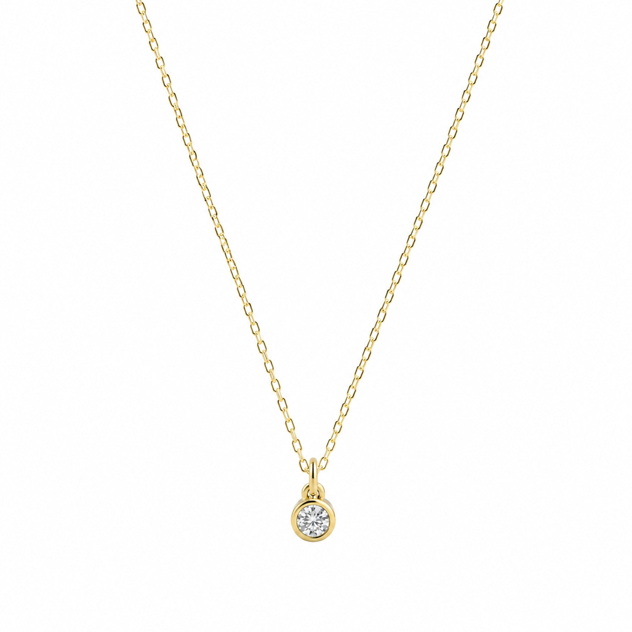 14k Solid Gold necklace with a diamond pendant on a white background