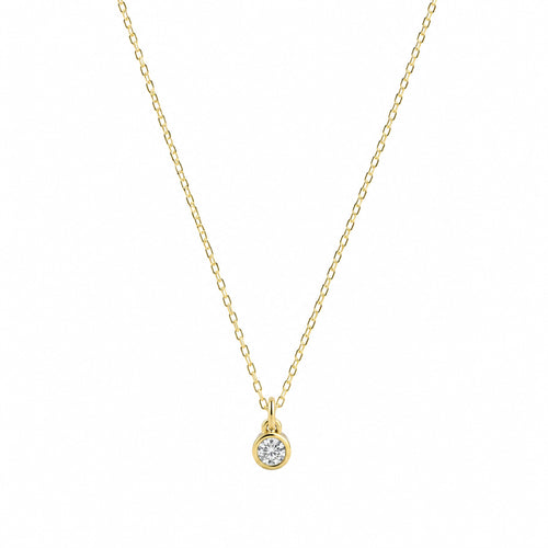 14k Solid Gold necklace with a diamond pendant on a white background