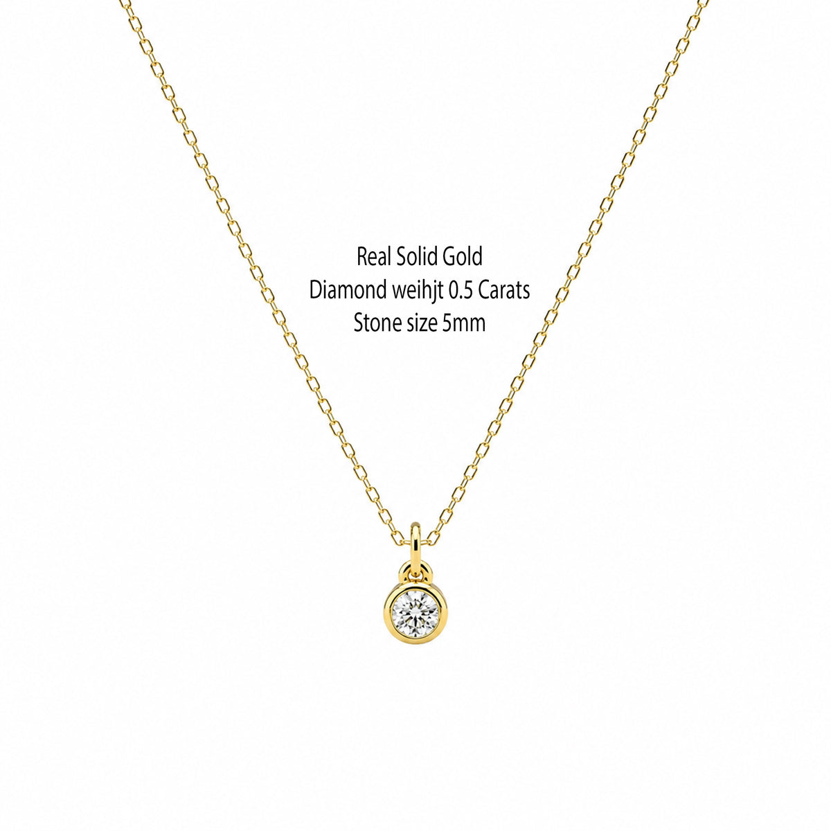 14K solid gold 0.50 ct lab-grown diamond bezel necklace with pendant size and measurements