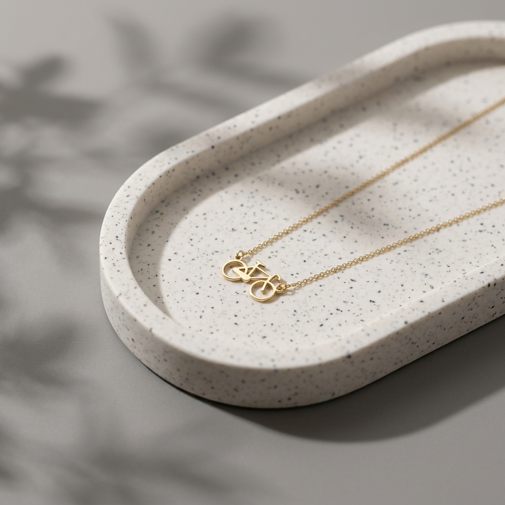 14K solid gold bicycle charm necklace, design detail