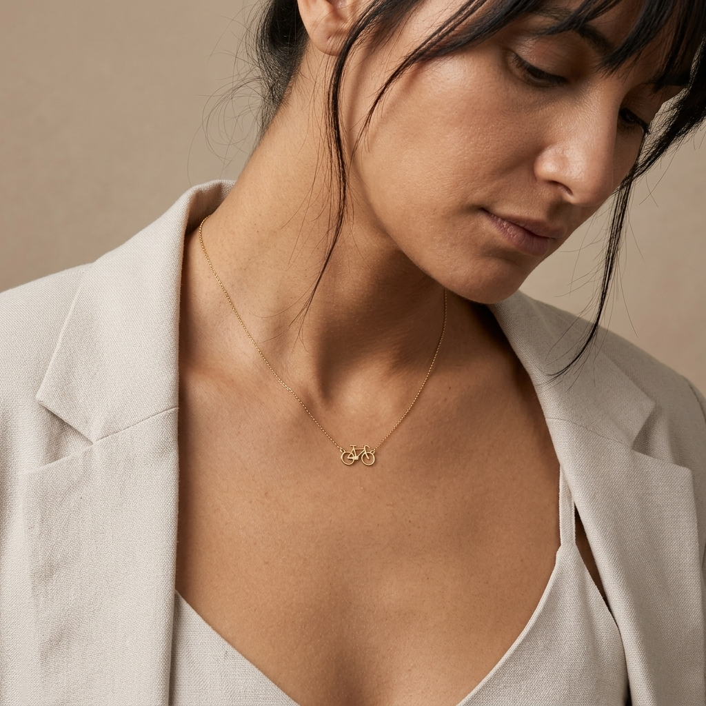 14K solid gold bicycle charm necklace, additional view