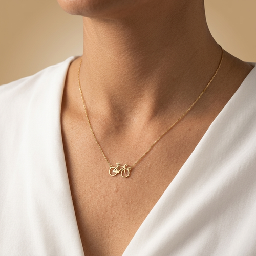 14K solid gold bicycle charm necklace, product view