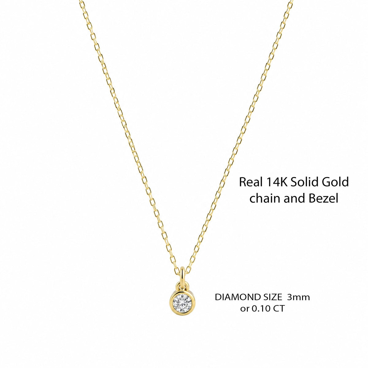 14K Solid Gold 0.10 CT Diamond Bezel Pendant Necklace, gallery view 3 of 10