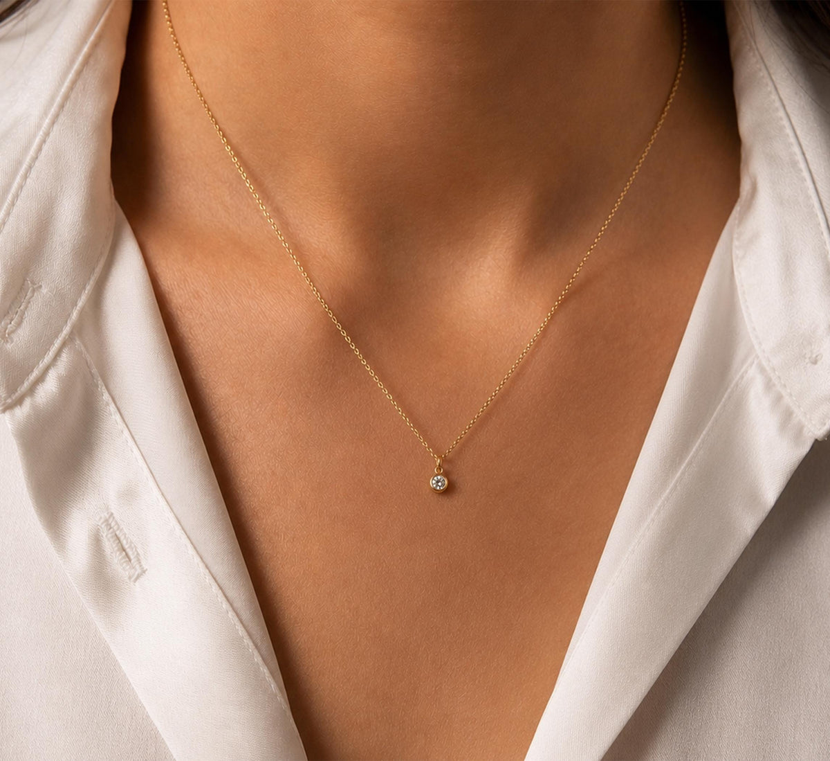 14K Solid Gold 0.10 CT Diamond Bezel Pendant Necklace, gallery view 4 of 10