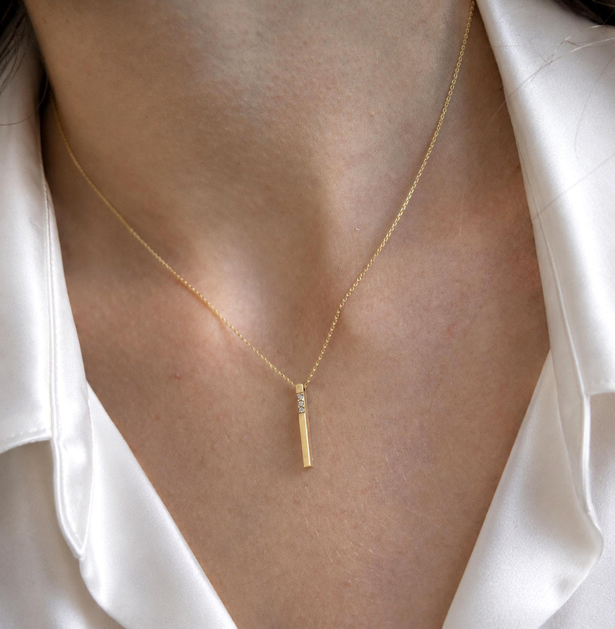 14K Solid Gold 3D Diamond Bar Necklace, gallery view 2 of 10