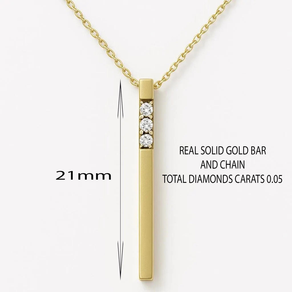 14K Solid Gold 3D Diamond Bar Necklace, gallery view 3 of 10