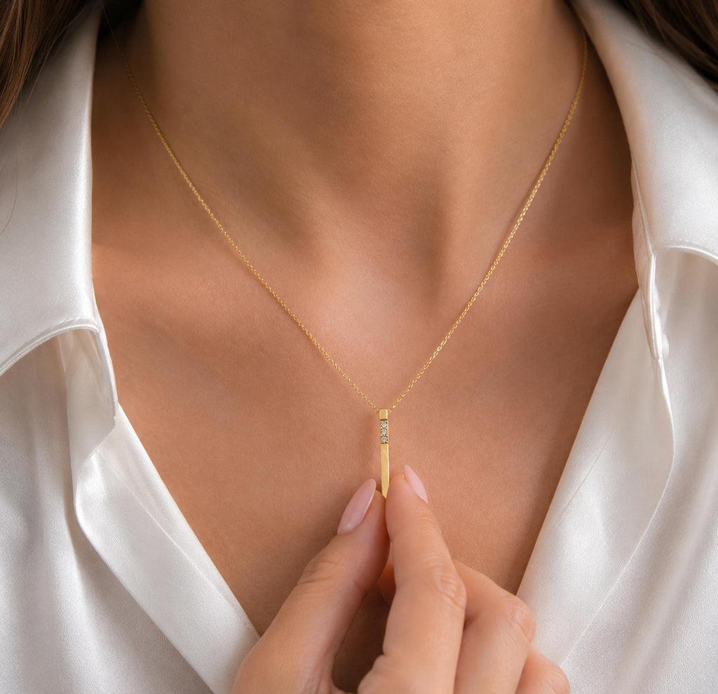 14K Solid Gold 3D Diamond Bar Necklace, gallery view 4 of 10