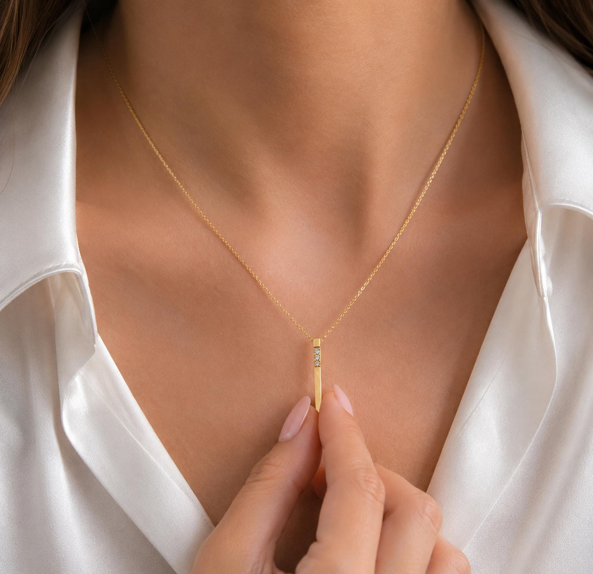 14K Solid Gold 3D Diamond Bar Necklace, gallery view 4 of 10