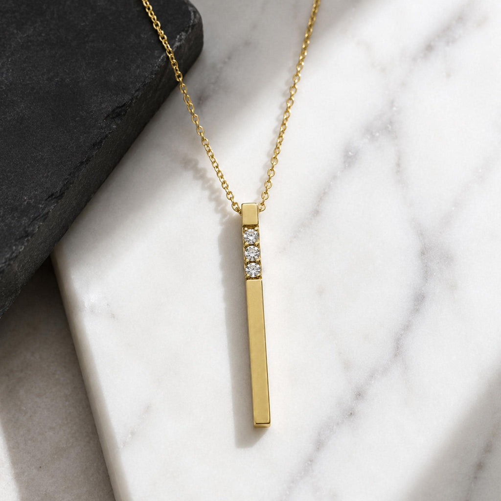 14K Solid Gold 3D Diamond Bar Necklace, gallery view 6 of 10