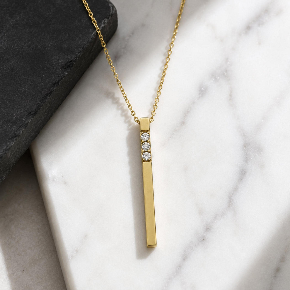 14K Solid Gold 3D Diamond Bar Necklace, gallery view 6 of 10