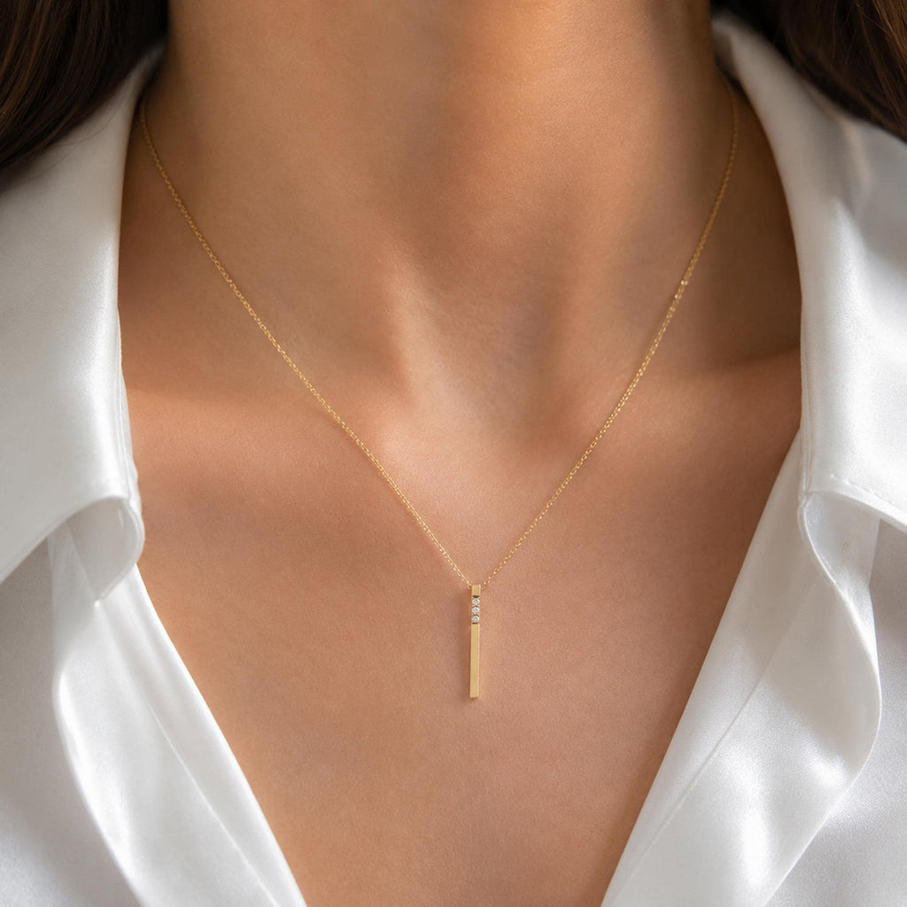 14K Solid Gold 3D Diamond Bar Necklace, gallery view 7 of 10
