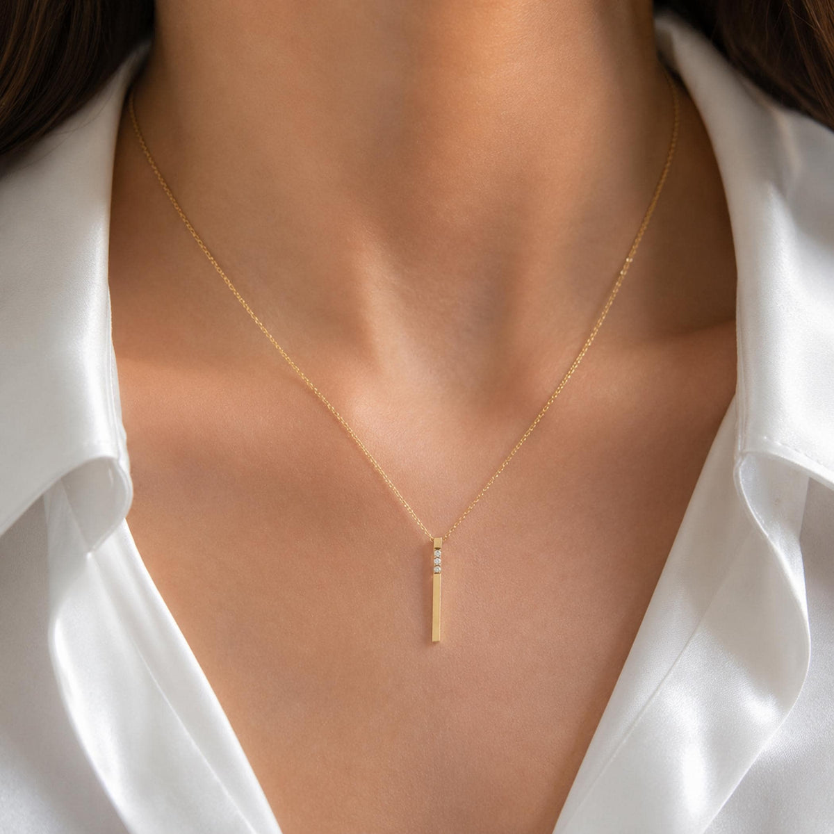 14K Solid Gold 3D Diamond Bar Necklace, gallery view 7 of 10
