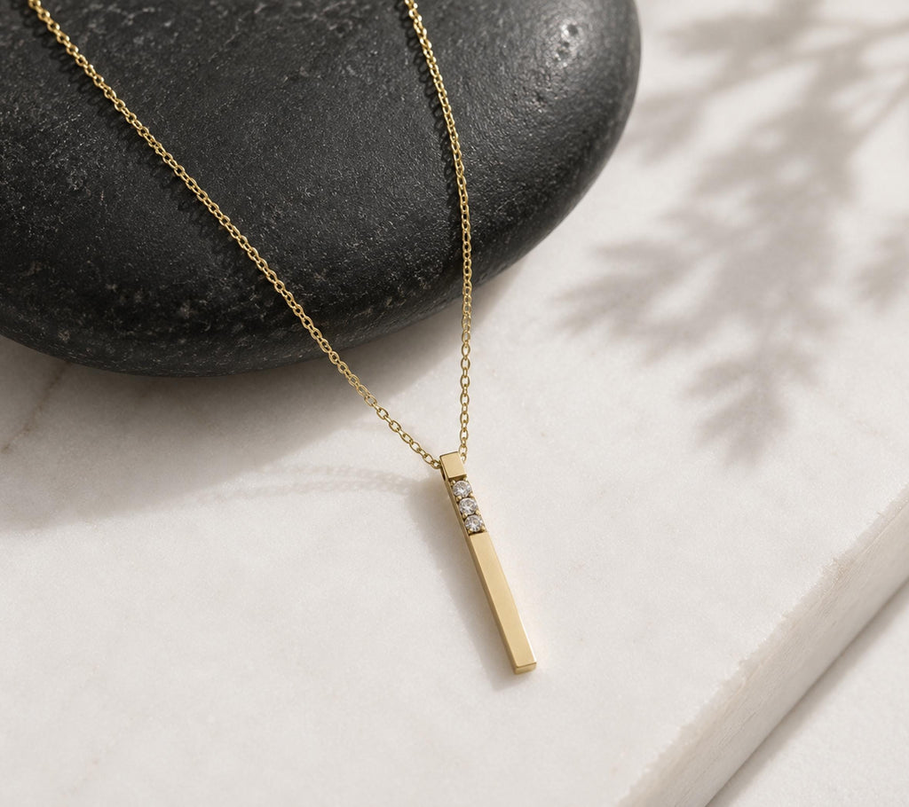 14K Solid Gold 3D Diamond Bar Necklace, gallery view 8 of 10
