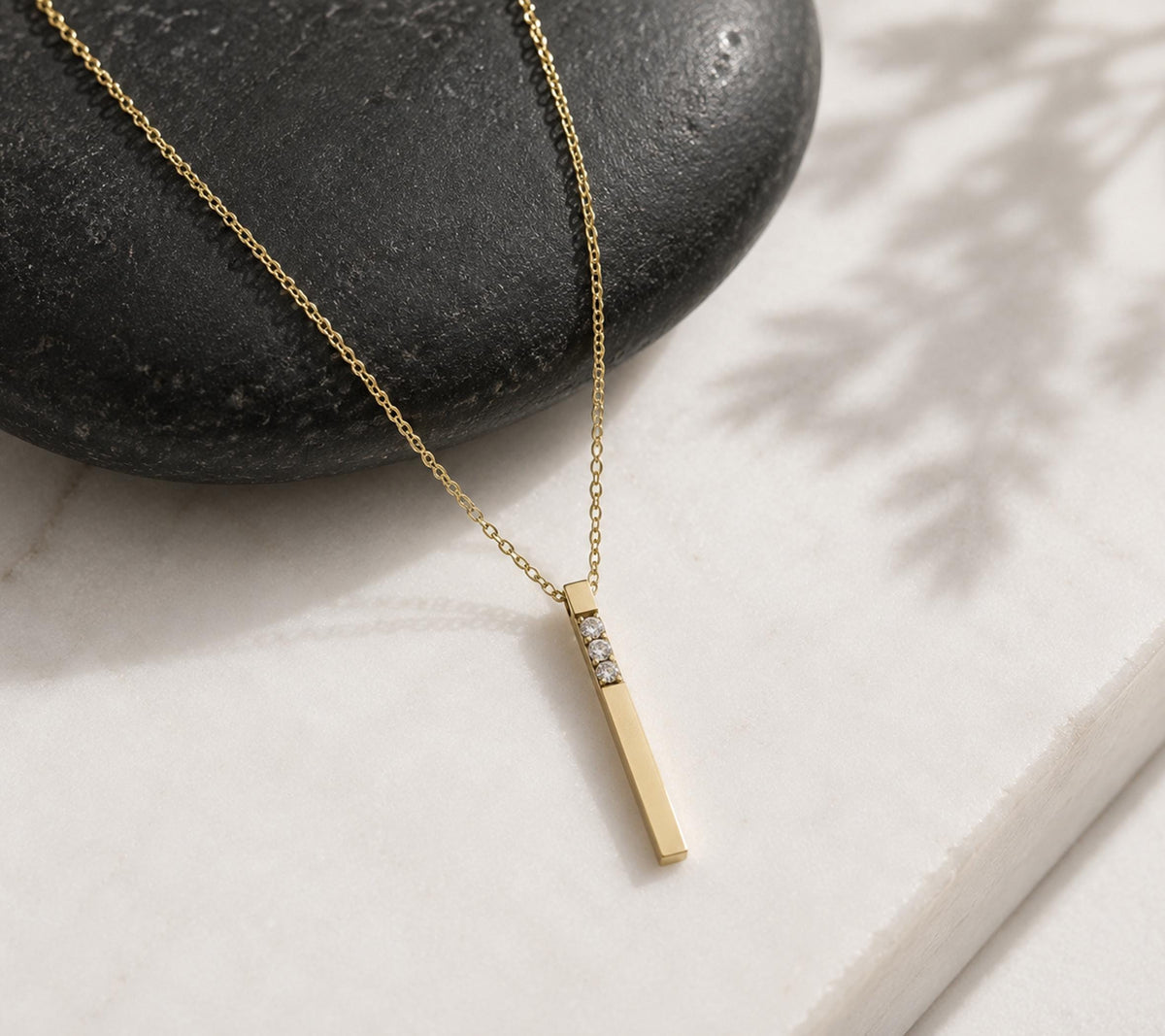 14K Solid Gold 3D Diamond Bar Necklace, gallery view 8 of 10
