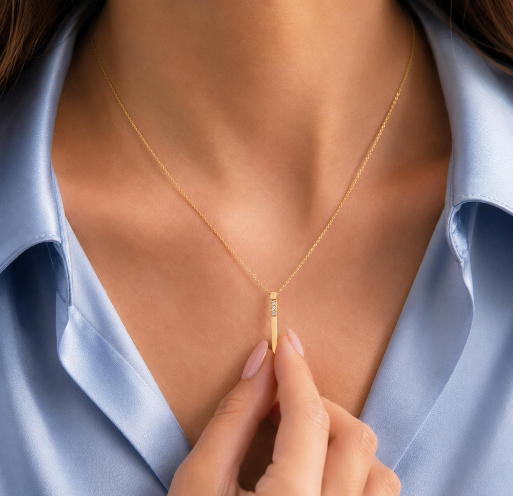 14K Solid Gold 3D Diamond Bar Necklace, gallery view 9 of 10