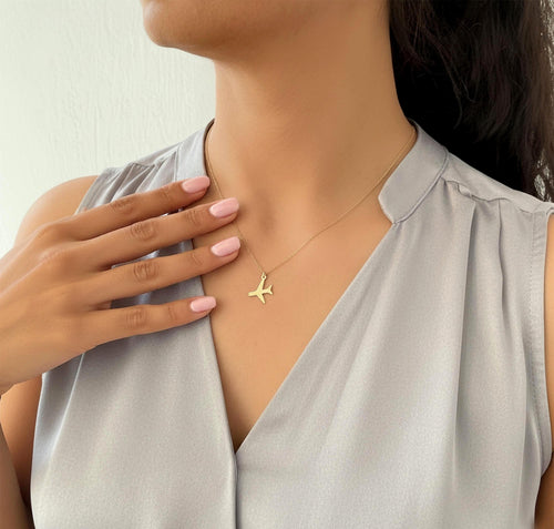 14K Solid Gold Airplane Traveler Necklace, main product view