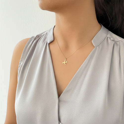 14K Solid Gold Airplane Traveler Necklace, gallery view 2 of 7