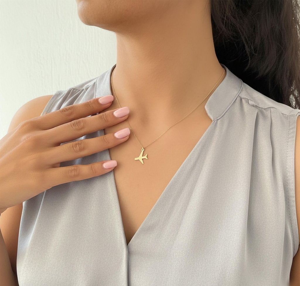 14K Solid Gold Airplane Traveler Necklace, gallery view 4 of 7