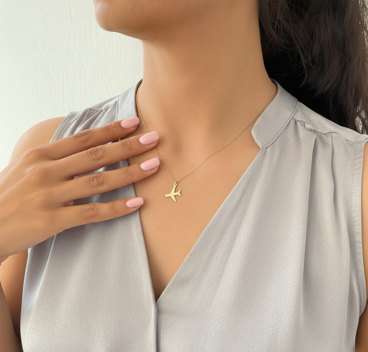 14K Solid Gold Airplane Traveler Necklace, gallery view 4 of 7