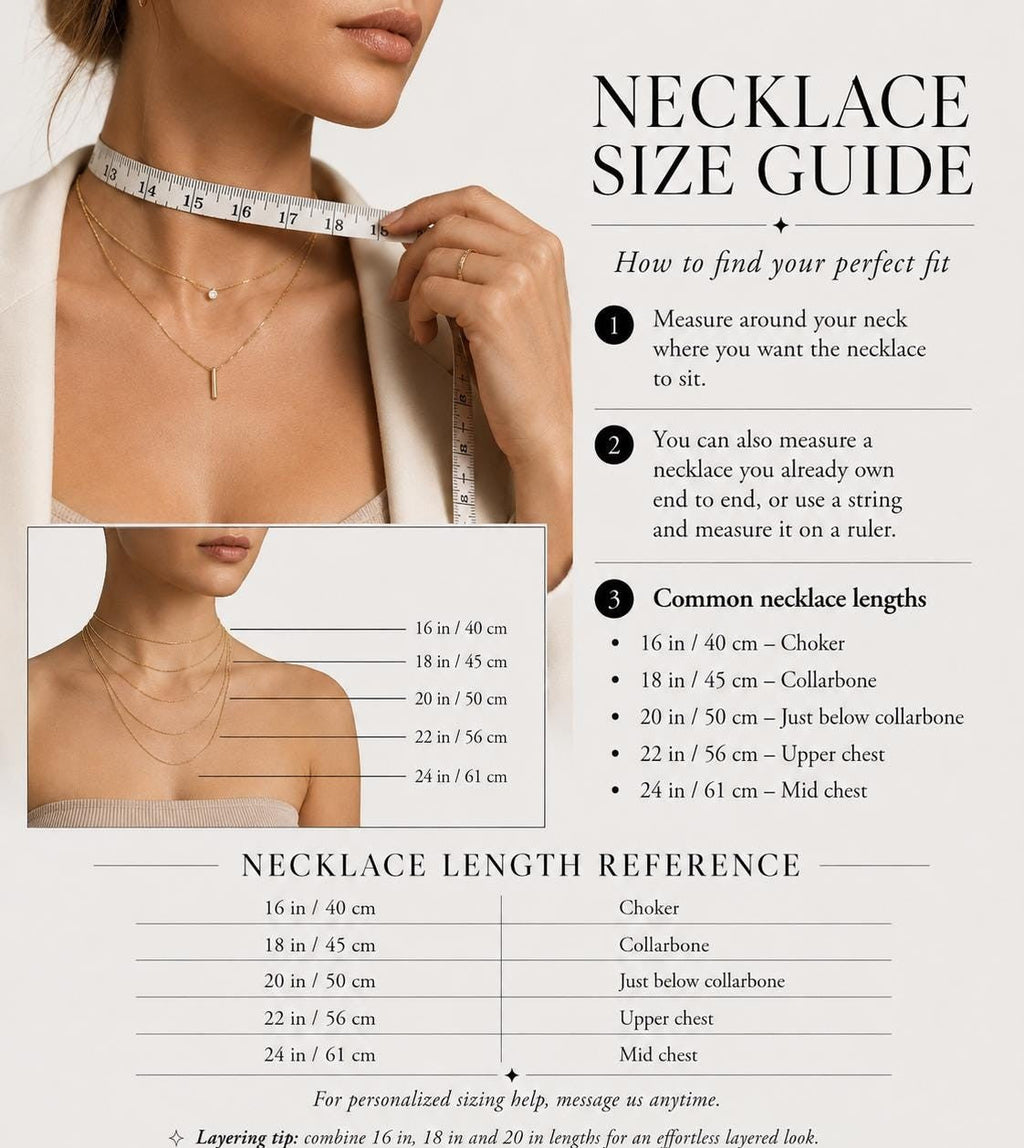 Necklace size guide with measuring instructions and lengths in inches and centimetres