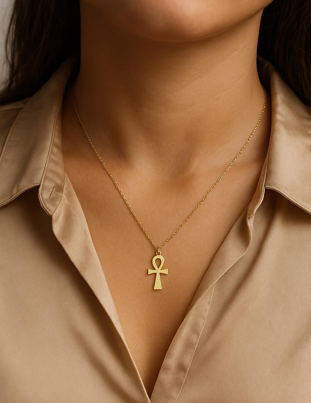 14K Solid Gold Ankh Necklace – Egyptian Key of Life Chain Pendant, gallery view 3 of 7