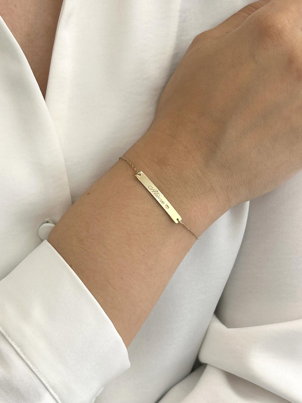 14K Solid Gold Bar Bracelet – Personalized Engraved Bracelet, gallery view 2 of 10