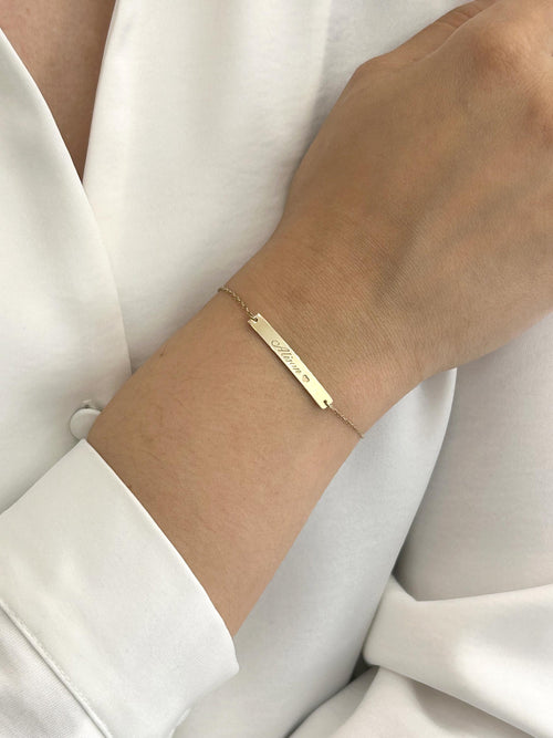 14K Solid Gold Bar Bracelet – Personalized Engraved Bracelet, gallery view 2 of 10