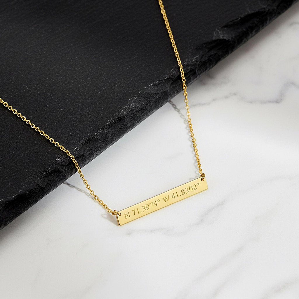 14K Solid Gold Bar Necklace – Personalized Name – and Date, main product view