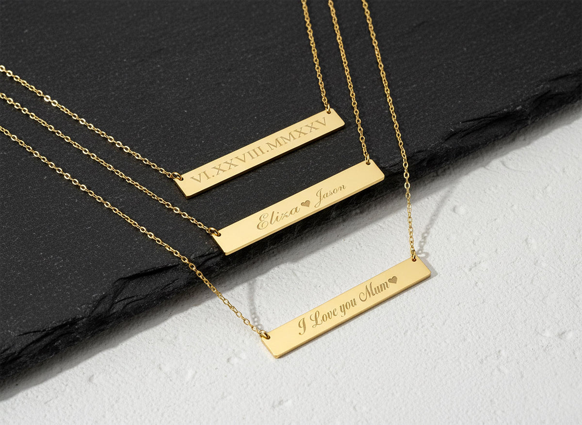 14K Solid Gold Bar Necklace – Personalized Name – and Date, gallery view 2 of 10