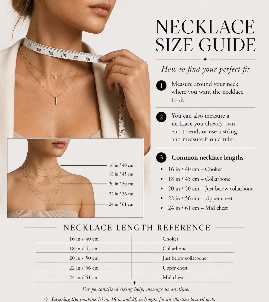 Necklace size guide with measuring instructions and lengths in inches and centimetres