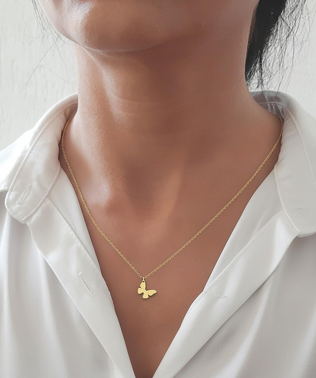 14K Solid Gold Butterfly Necklace, gallery view 6 of 6