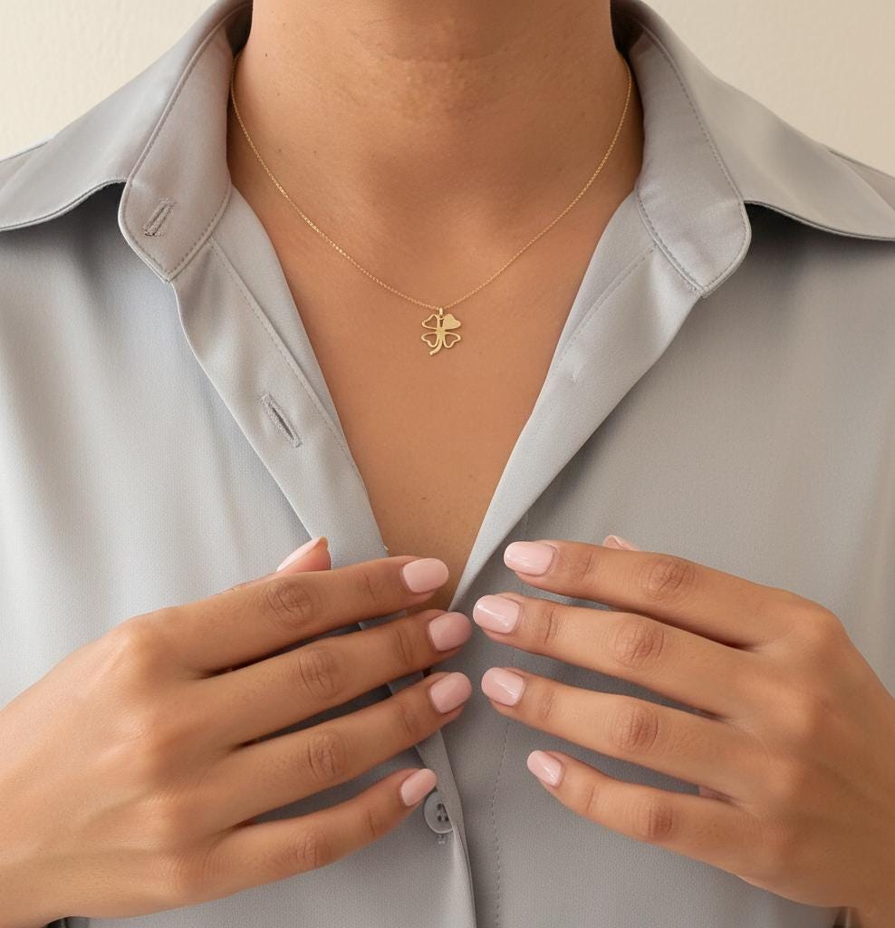 14K Solid Gold Clover Necklace – Lucky Four-Leaf Pendant, gallery view 5 of 6