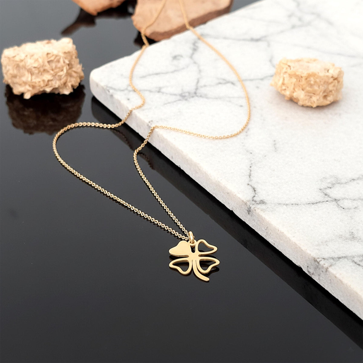 14K Solid Gold Clover Necklace – Lucky Four-Leaf Pendant, gallery view 6 of 6