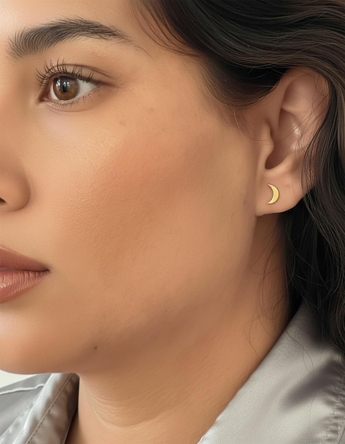 14K Solid Gold Crescent Moon Stud Earrings – Elegant Everyday Celestial, gallery view 2 of 5