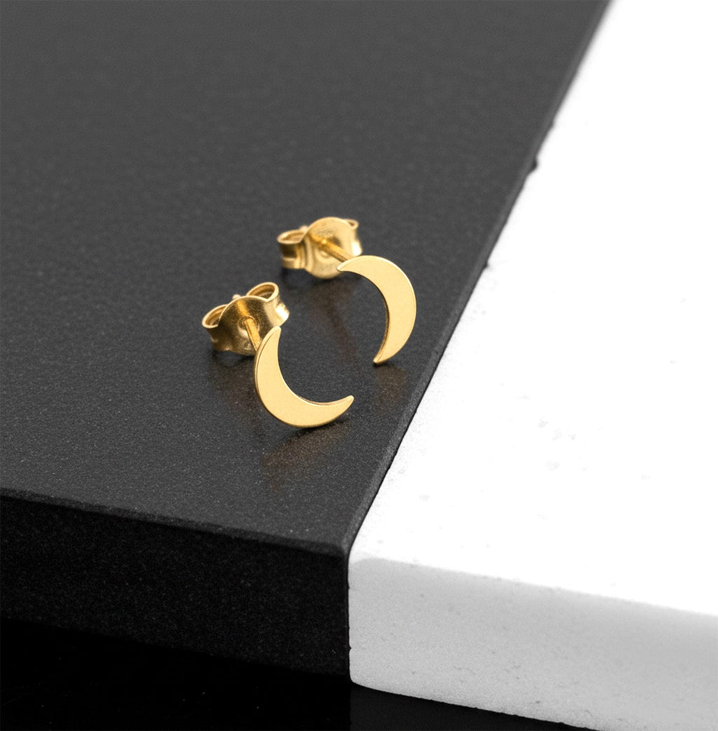14K Solid Gold Crescent Moon Stud Earrings – Elegant Everyday Celestial, gallery view 3 of 5