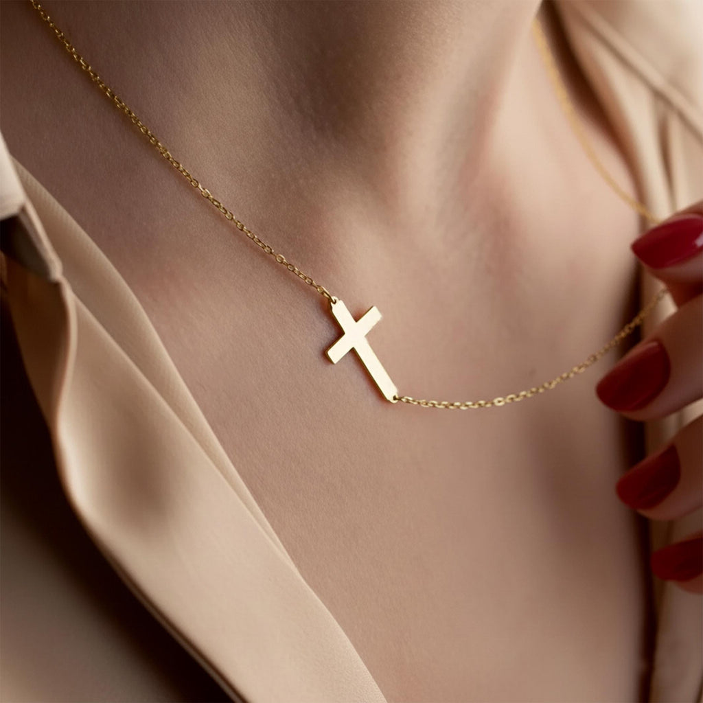 14K Solid Gold Cross Necklace – Dainty Sideways Necklace, main product view