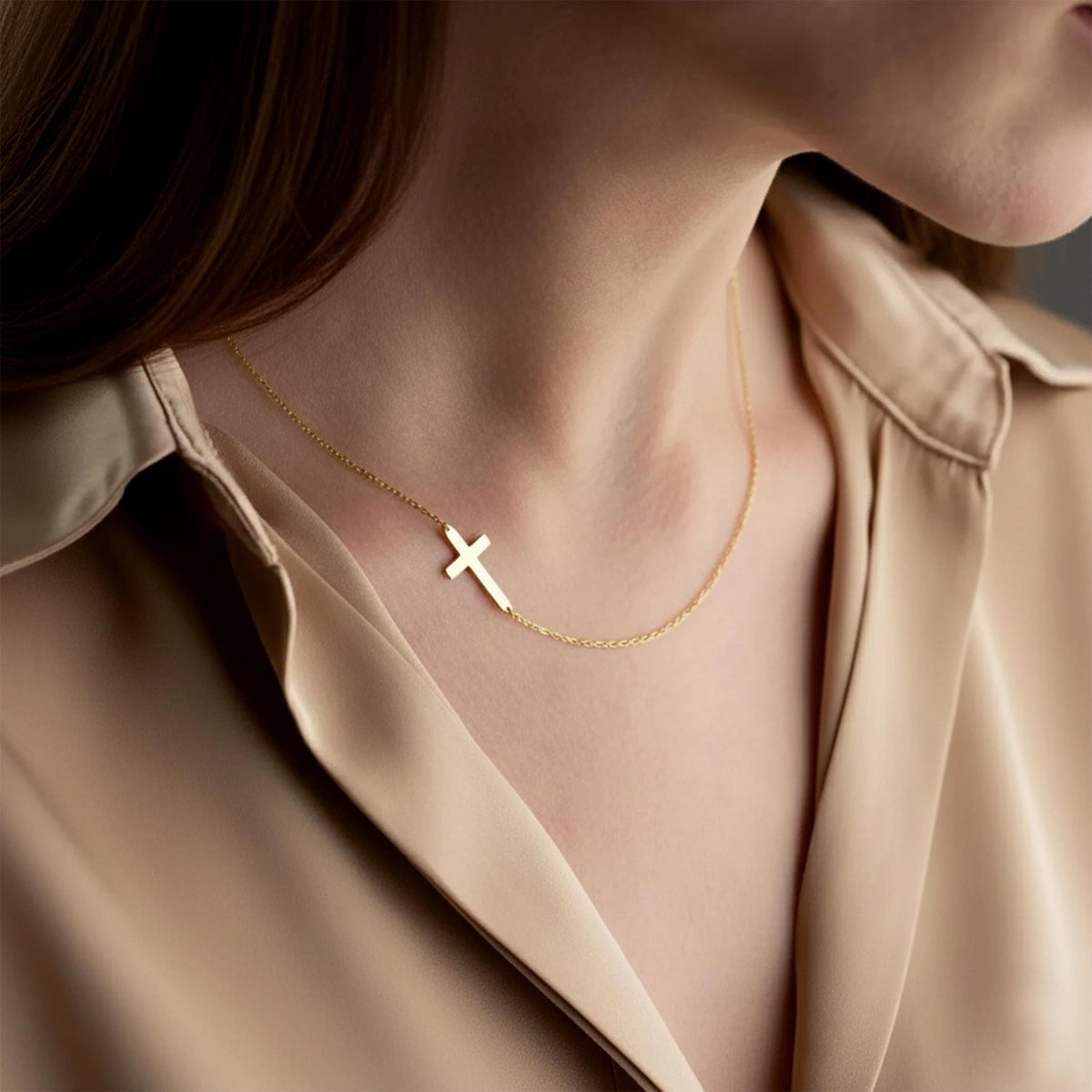 14K Solid Gold Cross Necklace – Dainty Sideways Necklace, gallery view 2 of 9