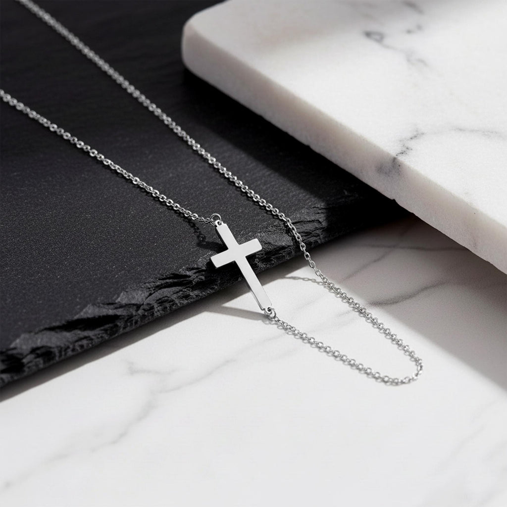 14K Solid Gold Cross Necklace – Dainty Sideways Necklace, gallery view 5 of 9