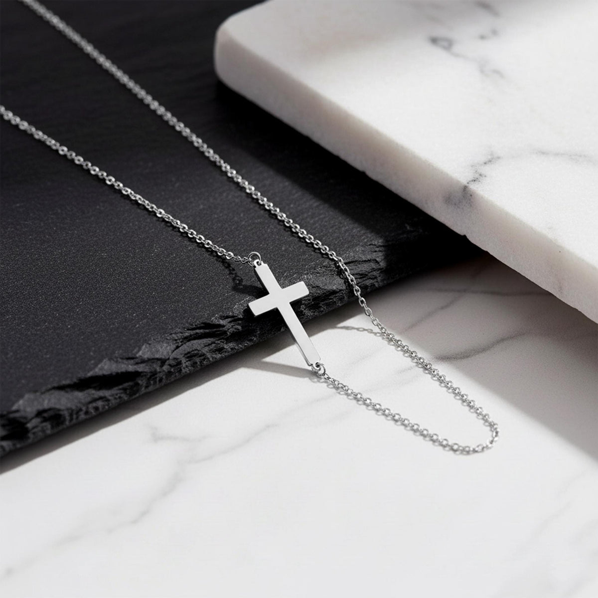 14K Solid Gold Cross Necklace – Dainty Sideways Necklace, gallery view 5 of 9