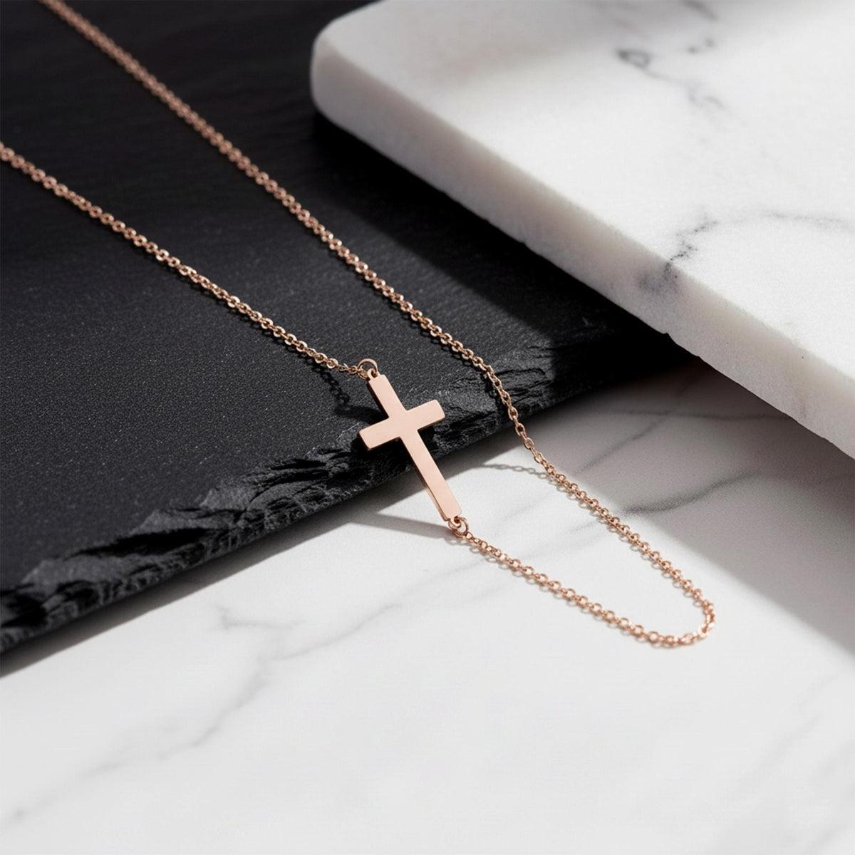 14K Solid Gold Cross Necklace – Dainty Sideways Necklace, gallery view 7 of 9