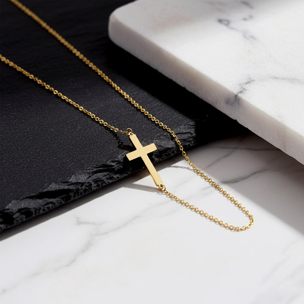 14K Solid Gold Cross Necklace – Dainty Sideways Necklace, gallery view 9 of 9